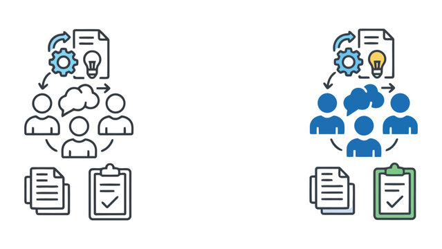 Team project documentation and creative brainstorming icon set with gear light bulb and checklist in outline and flat styles for business planning and document management concepts on white background