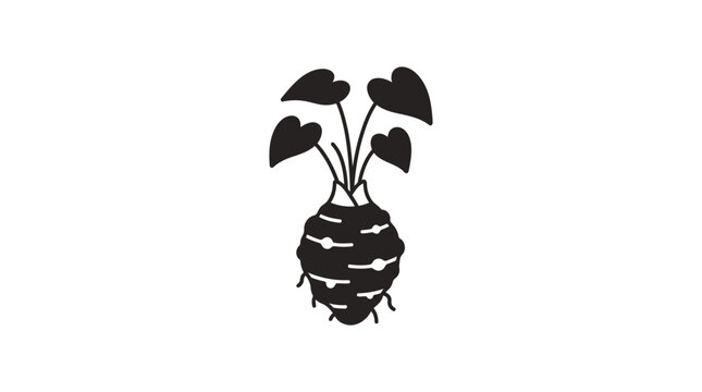 A minimalist black silhouette illustration of a celeriac root vegetable with leafy green stems.