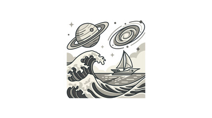 Stormy sea with boat and planets woodcut illustration © Cendoole