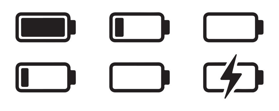 Battery charge level indicator icon set in horizontal orientation isolated on transparent background.