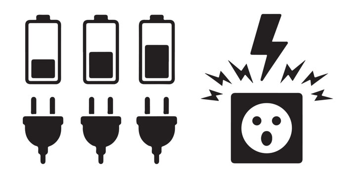 Batteries and power plug icons with electricity socket wall outlet symbol on transparent background.