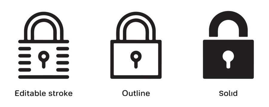 Lock icon variations editable stroke outline and solid padlock security symbol digital concept.