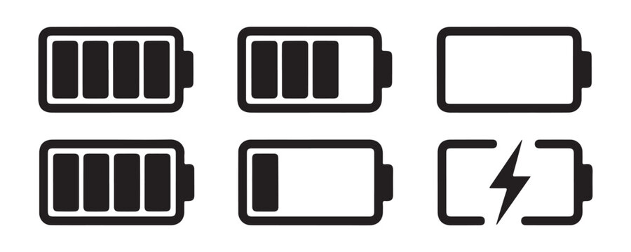Battery charge level indicator icon set with various power stages and charging symbol for ui ux design.