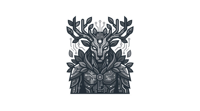 Symmetrical deer head icon with mechanical and organic leaves.