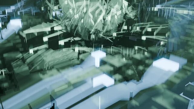 Futuristic server room with glowing lights and digital data flow in dark cyberpunk style