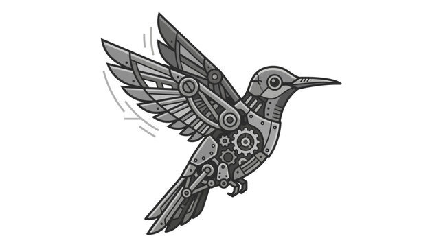 Mechanical steampunk hummingbird graphic with intricate gear details.