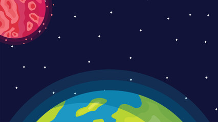 Naklejka premium Planet Earth and red moon in outer space flat vector background