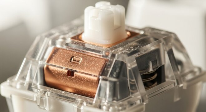 Macro Photography of a Mechanical Keyboard Switch with Transparent Housing and Copper Leaf