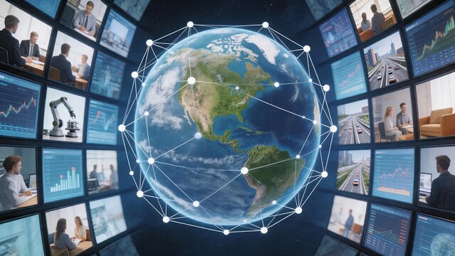 Global network connection and communication concept, earth planet surrounded by multiple screens showing business data, video conference meetings, stock market charts, industrial