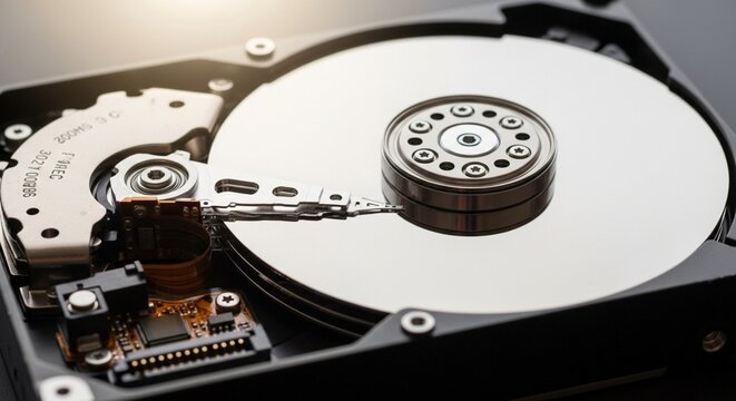 Close-up of the intricate internal mechanism of a hard disk drive with a reflective magnetic platter