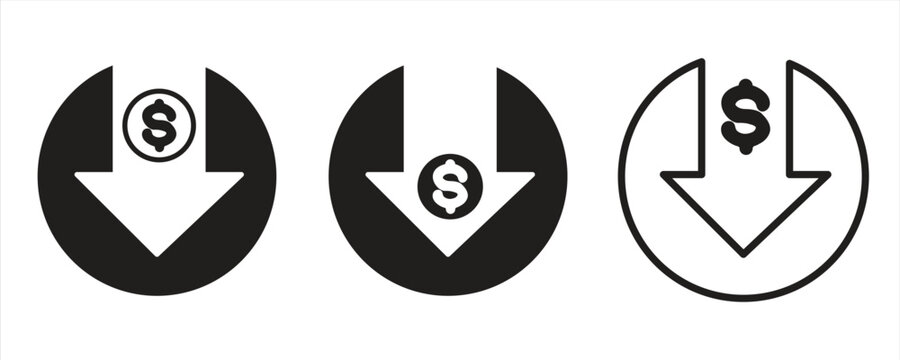A down arrow icon with a dollar sign inside a circle, which symbolizes a price decrease, cost reduction, financial downturn, or economic deflation, vector illustration.