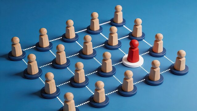 Network of wooden pawns connected by lines with a unique red leader figure standing out on white base, symbolizing leadership, influence, management, and social networking concept.