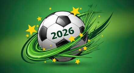 Naklejka premium Soccer ball with 2026 design flying on green field with stars