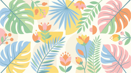 Vibrant tropical leaves and flowers illustration with palm fronds and exotic blooms on a cream background © faisalaladabi