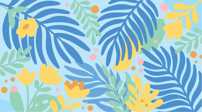 Vibrant floral pattern featuring large blue and yellow tropical leaves with flowers on a light blue background