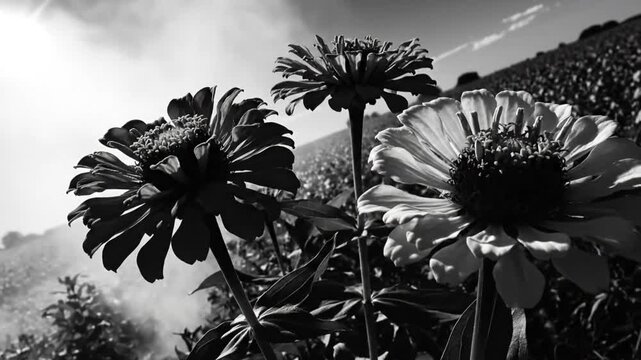 Black and white close-up of three bright blooming zinnia flowers against a cloudy sky and field background