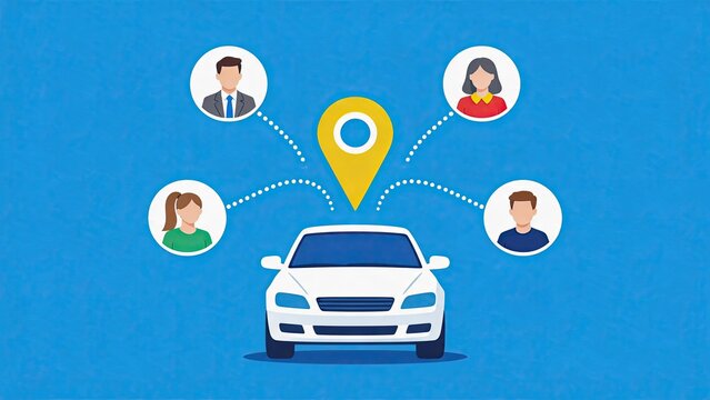 Ride sharing app concept illustration showing white car connected to multiple user profiles via location pin symbolizing taxi service transportation network and mobile booking