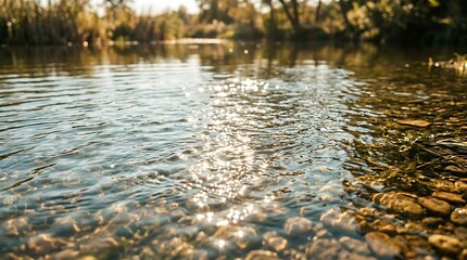 Fototapeta premium Sunlight reflects on rippling water surface over pebbles in a serene natural setting with trees on the shore