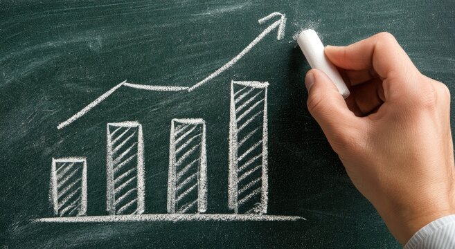 Hand drawing upward trending bar graph and line chart on blackboard