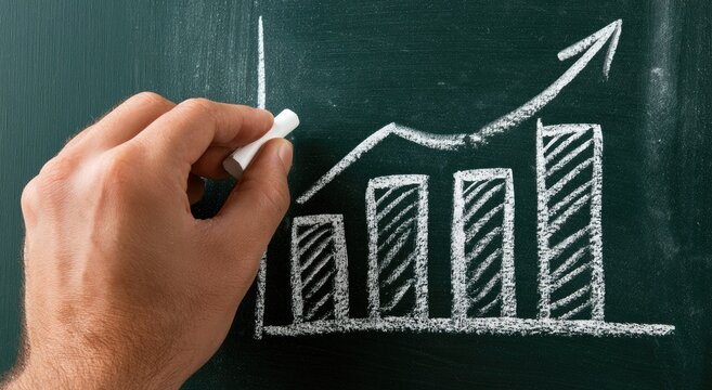 Hand drawing upward trending bar graph on chalkboard with chalk