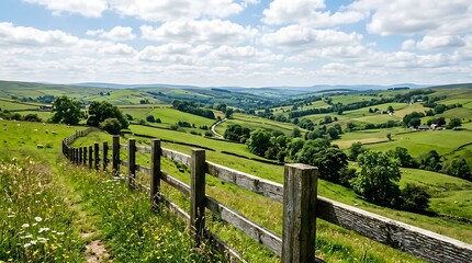 Fototapeta premium Rolling green hills with wooden fence under blue cloudy sky