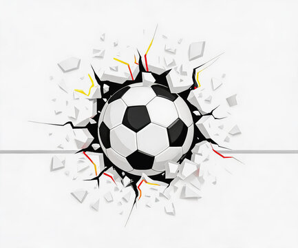 A classic black and white soccer ball breaking through a cracked white wall, dynamic sports action illustration.
