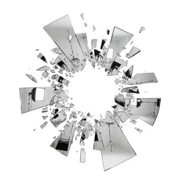 Polished mirror shards and glass fragments suspended in a white studio, radiating from a central empty void with sharp reflections. Concept of explosive energy