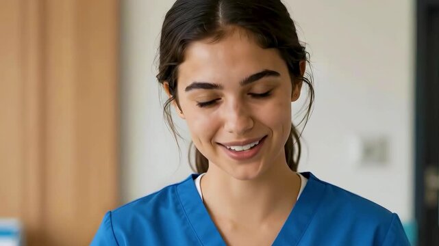 A young woman wearing blue scrubs smiles at the camera. She has dark hair pulled back and a friendly expression.
