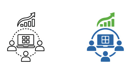 Naklejka premium Digital teamwork collaboration concept with laptop and rising trend arrow vector illustration in line and solid icon design