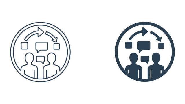 Team communication and knowledge exchange loop vector icons in minimalist line and solid black styles