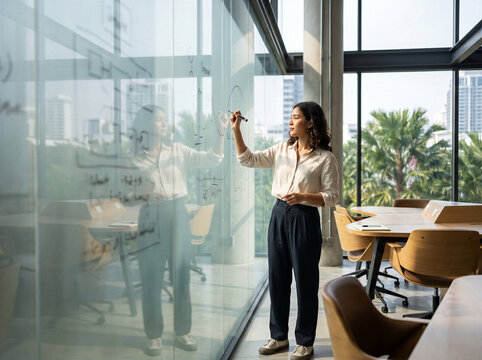 Young woman writing on glass board in modern office meeting room