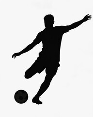 Obraz premium A black silhouette of a male soccer player in dynamic pose, kicking a soccer ball against a plain white background.