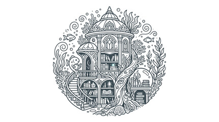 Circular illustration of a mystical tower with bookshelves. © FARIDA FARHA