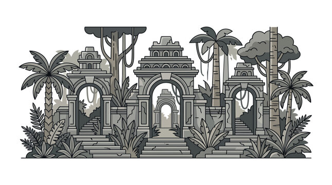 Panoramic ancient jungle temple ruins with tropical palm trees.