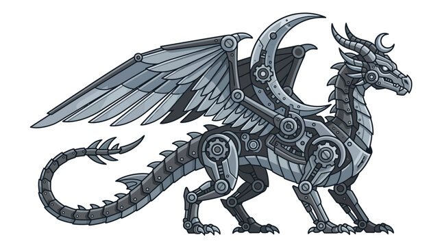 Detailed side profile of mechanical steampunk dragon vector art.