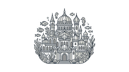 Intricate underwater fantasy castle illustration with fish and coral. © FARIDA FARHA