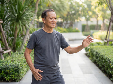 Senior man practicing tai chi in a lush park