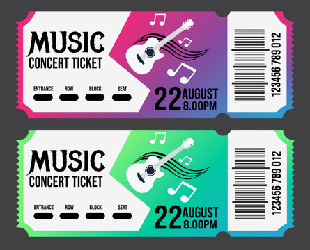 Music concert tickets, colorful event passes, guitar festival entry stubs, vibrant gig tickets ticket templates 