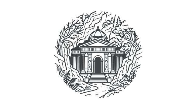 Ancient temple ruins in circular botanical frame illustration.