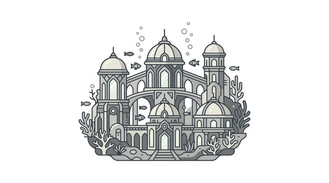Underwater fantasy palace with domes surrounded by marine life.