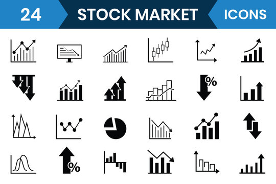 Stock market icon set. Increase and Decrease icon set. Growth up and down or Profit and loss icon. Containing stocks, stock exchange, shares, investment, financial goal, bull market, bear market icon.