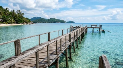 Fototapeta premium Serene wooden pier extends over calm turquoise waters towards distant tropical island with lush greenery under blue sky with clouds