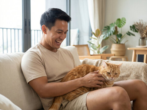 Happy man playing with ginger cat on sofa at home
