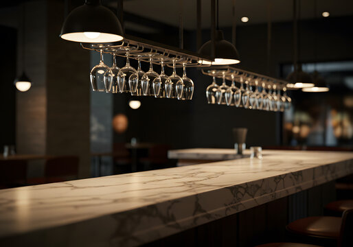 Marble bar counter with wine glasses
