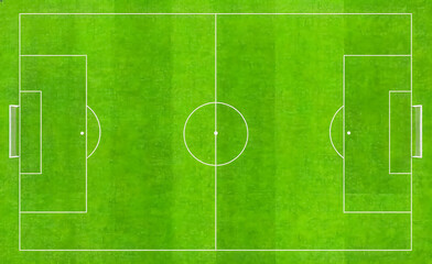 Obraz premium A top-down aerial view of a standard soccer field, complete with all official playing markings and goal areas.