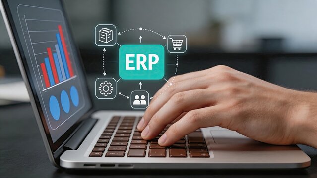 Modern ERP software interface on laptop, business analytics dashboard with charts and icons, digital transformation concept for enterprise resource planning, data management and