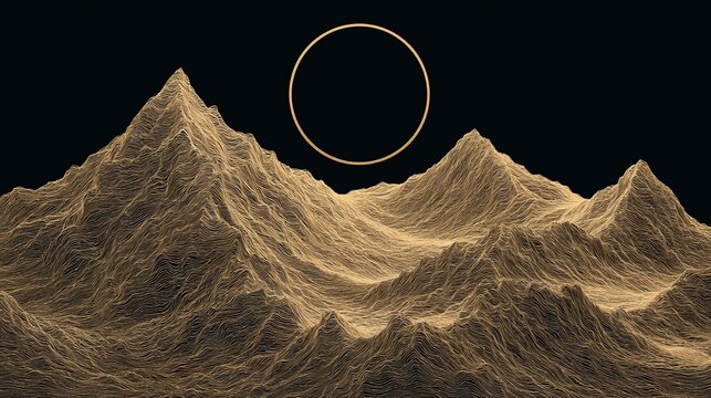 Modern stylized abstract graphic of metallic gold line mountains and hollow golden celestial circle on solid black canvas, thin wavy textured lines, minimalist decorative landscape design