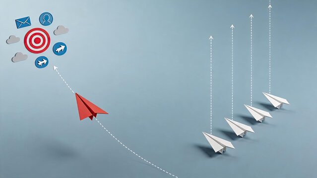 Red paper airplane flying towards target goal with marketing icons, business strategy concept, leadership direction, team alignment following path, success achievement, mission
