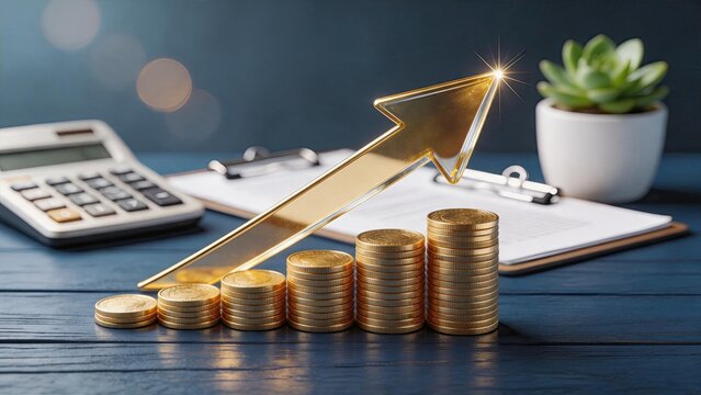 Golden coins stacked in ascending order with shiny arrow pointing upward, calculator and documents on blue desk, symbolizing financial growth, profit increase and successful