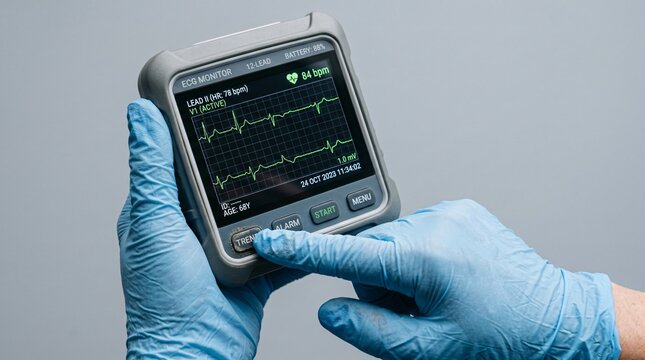 Gloved hand operating portable emergency ECG monitor for senior patient